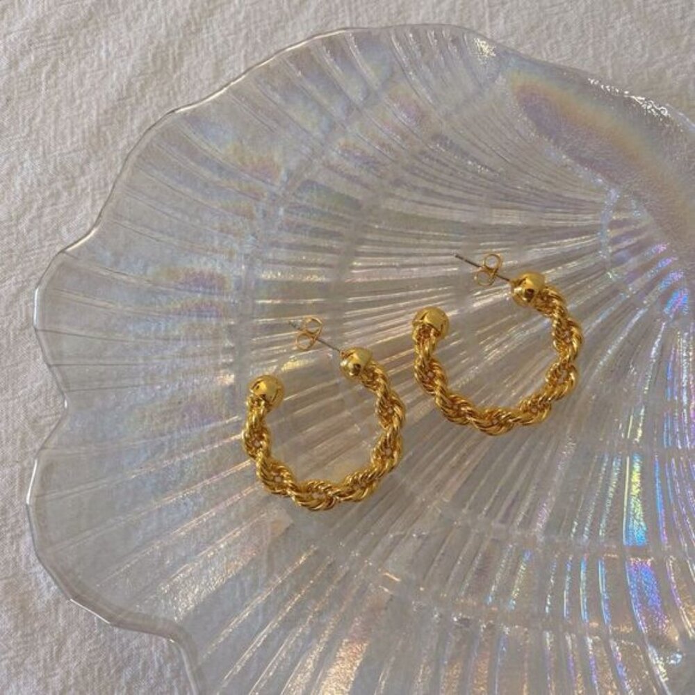 18K Gold Plated Wired Fisherman Rope C Hoop Earrings